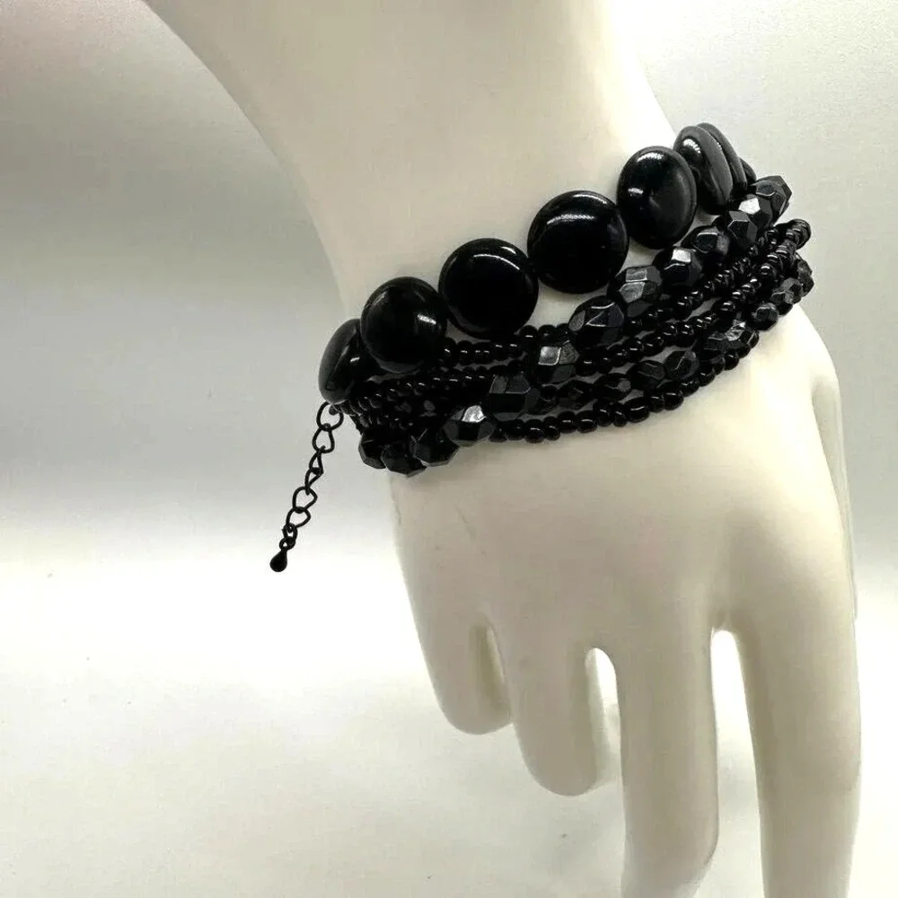 Premier‎ Designs Multi Strand Black Bead Bracelet Adjustable Layered Chunky